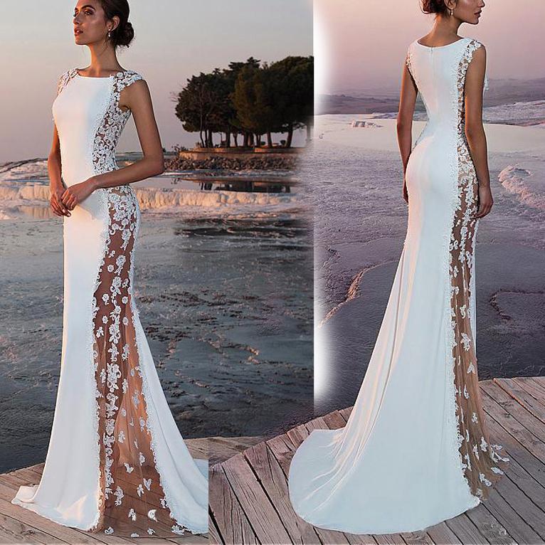 Cross-border European and American Evening Dress Lace Stitching Super Long Dress Vacation Sexy Hollow Female Amazon Factory