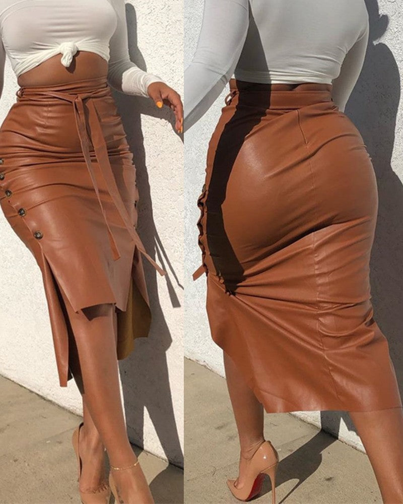 Cross-border foreign trade European and American leather skirt Amazon women's clothing hot sale split slim mid-length hip half PU skirt generation hair