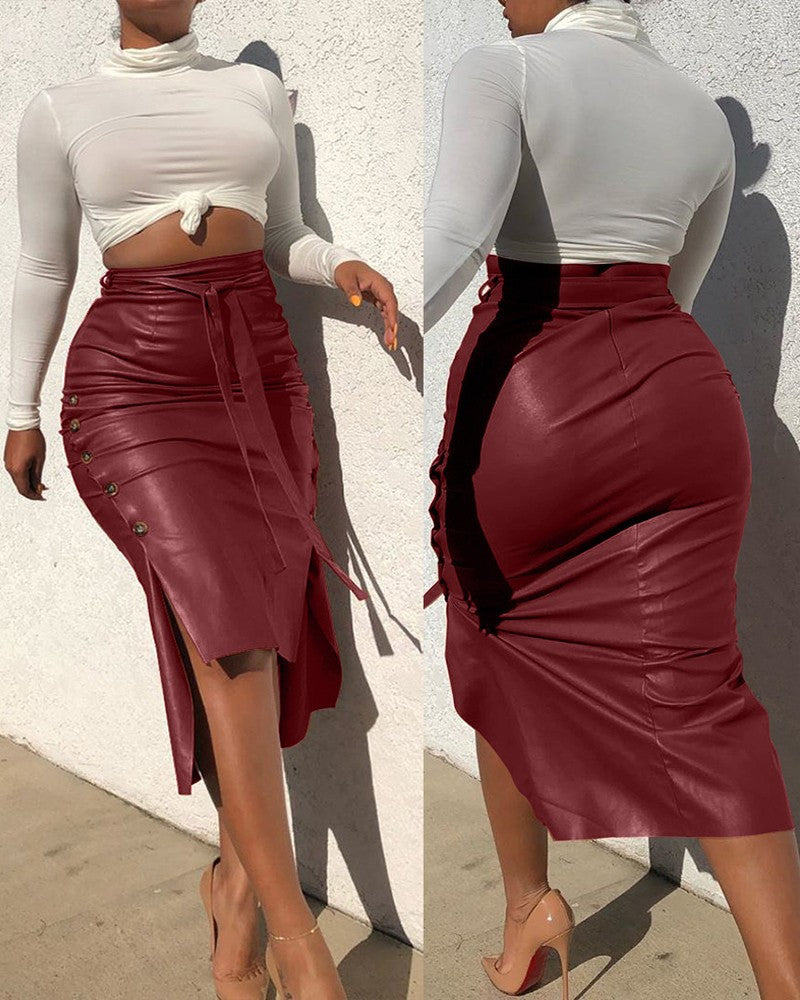 Cross-border foreign trade European and American leather skirt Amazon women's clothing hot sale split slim mid-length hip half PU skirt generation hair