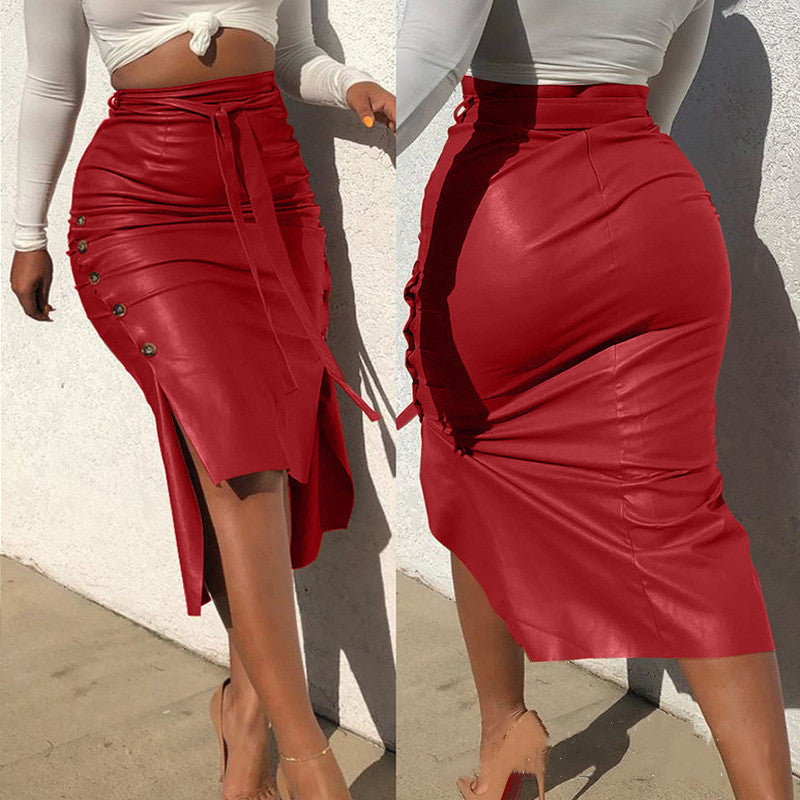 Cross-border foreign trade European and American leather skirt Amazon women's clothing hot sale split slim mid-length hip half PU skirt generation hair