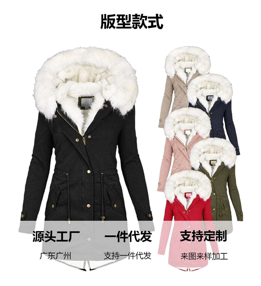 Autumn and Winter Hot Selling Export New Large Size Cotton Outwear Hooded Fur Collar Waist Thickeneded Mid-Length Women's Cotton Outwear