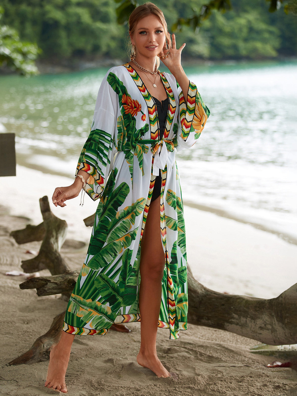 2023 New European and American Cotton Print Beach Jacket Sexy Sun Protection Cardigan Holiday Bikini Overshirt Women