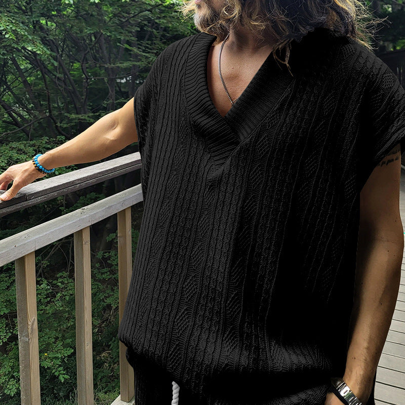 Independent Station Cross-border New plus size European and American Men's Casual V-neck Loose Jacquard Knit Sleeveless Vest Top