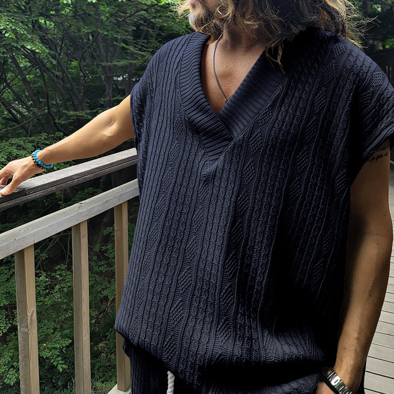 Independent Station Cross-border New plus size European and American Men's Casual V-neck Loose Jacquard Knit Sleeveless Vest Top