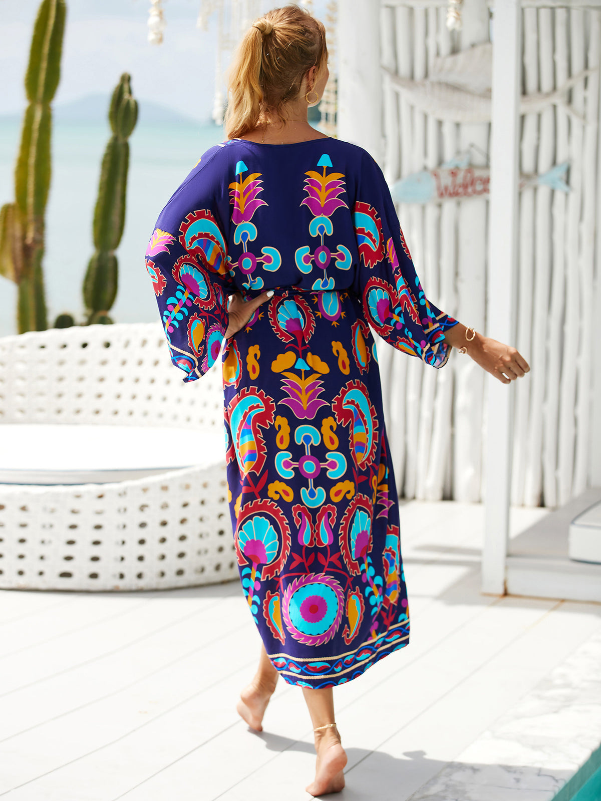 2023 New European and American Cotton Print Beach Jacket Sexy Sun Protection Cardigan Holiday Bikini Overshirt Women