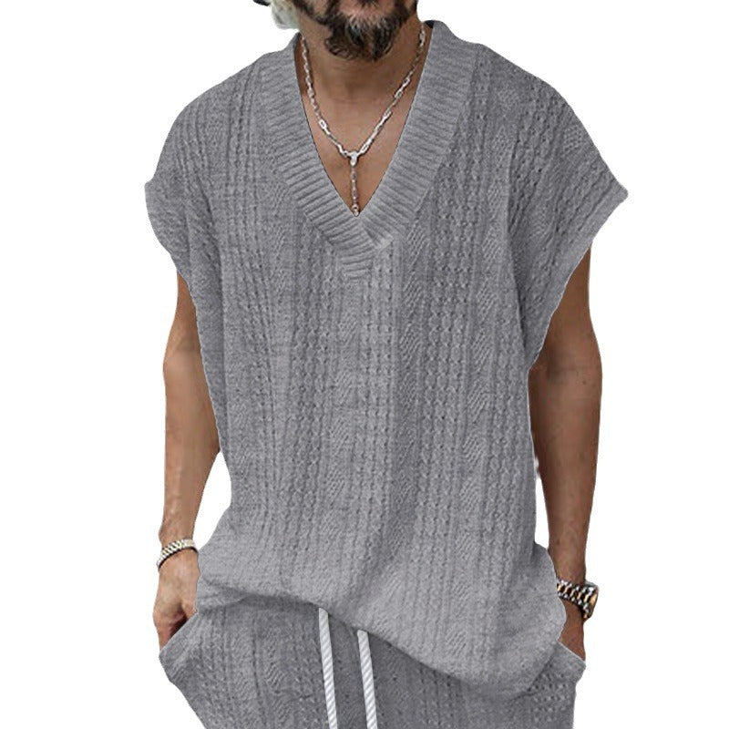 Independent Station Cross-border New plus size European and American Men's Casual V-neck Loose Jacquard Knit Sleeveless Vest Top