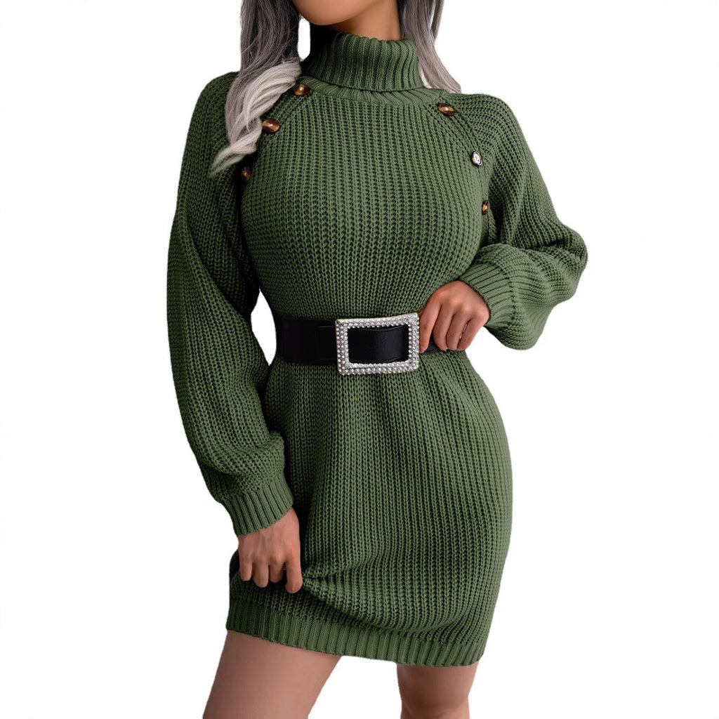 Real Shot of Autumn and Winter European and American Casual Button-Down High-Neck Long-Sleeved Bottoming Sweater Dress Amazon Independent Station Cross-Border Women's Clothing