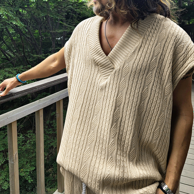 Independent Station Cross-border New plus size European and American Men's Casual V-neck Loose Jacquard Knit Sleeveless Vest Top