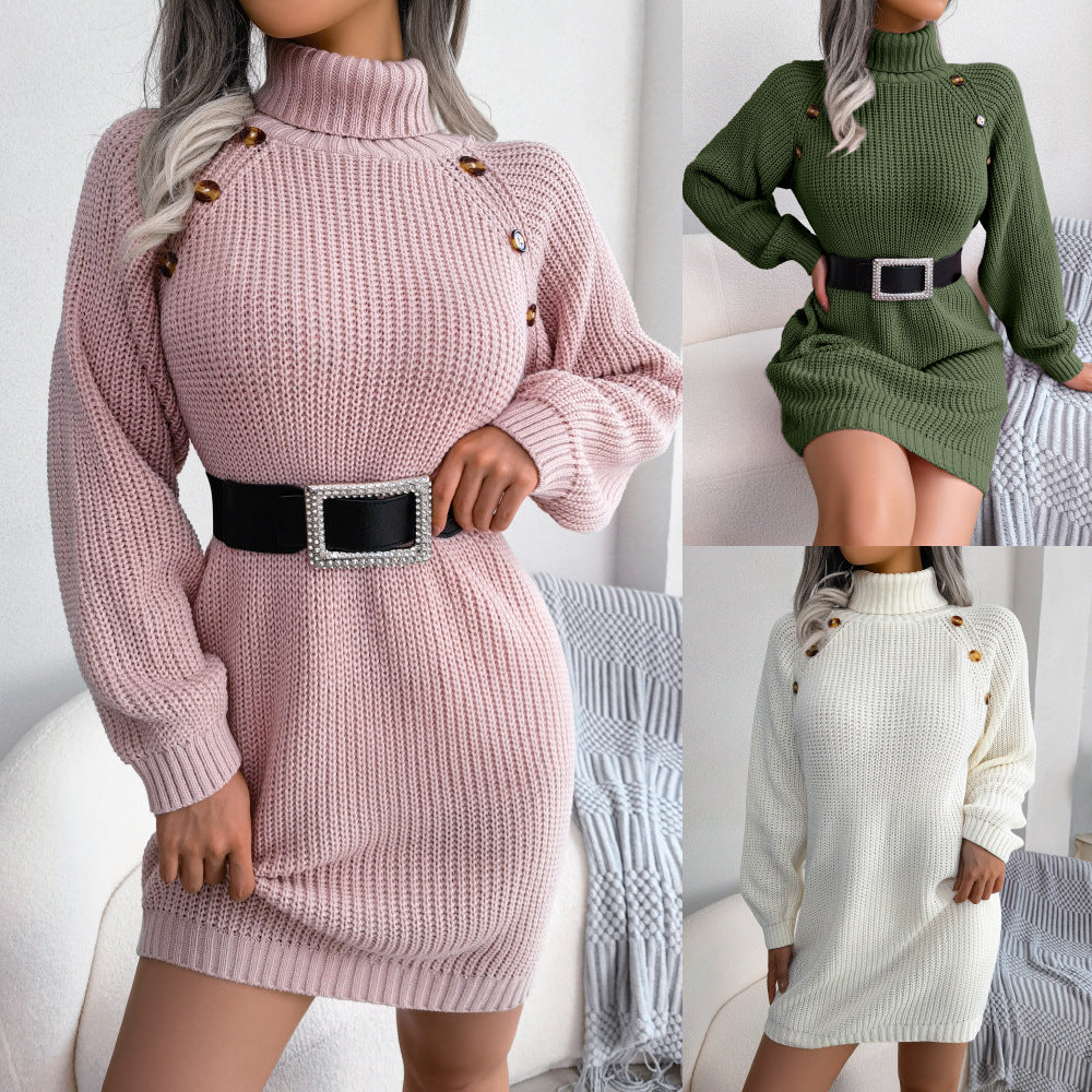 Real Shot of Autumn and Winter European and American Casual Button-Down High-Neck Long-Sleeved Bottoming Sweater Dress Amazon Independent Station Cross-Border Women's Clothing