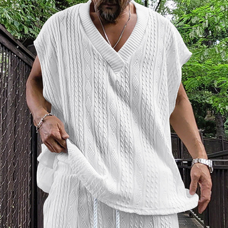 Independent Station Cross-border New plus size European and American Men's Casual V-neck Loose Jacquard Knit Sleeveless Vest Top