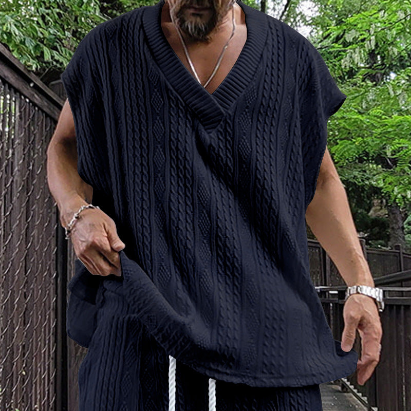 Independent Station Cross-border New plus size European and American Men's Casual V-neck Loose Jacquard Knit Sleeveless Vest Top