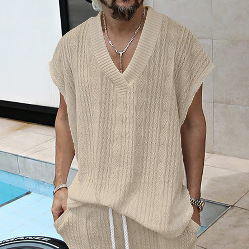 Independent Station Cross-border New plus size European and American Men's Casual V-neck Loose Jacquard Knit Sleeveless Vest Top