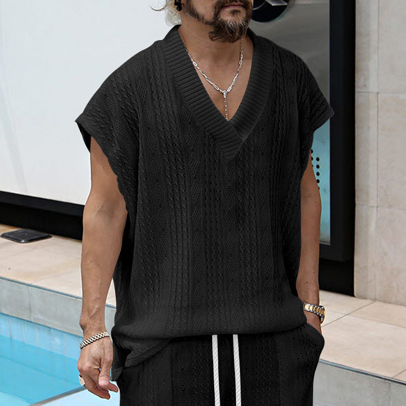 Independent Station Cross-border New plus size European and American Men's Casual V-neck Loose Jacquard Knit Sleeveless Vest Top