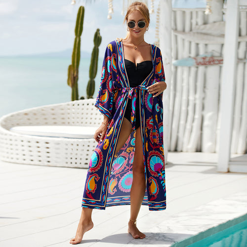2023 New European and American Cotton Print Beach Jacket Sexy Sun Protection Cardigan Holiday Bikini Overshirt Women