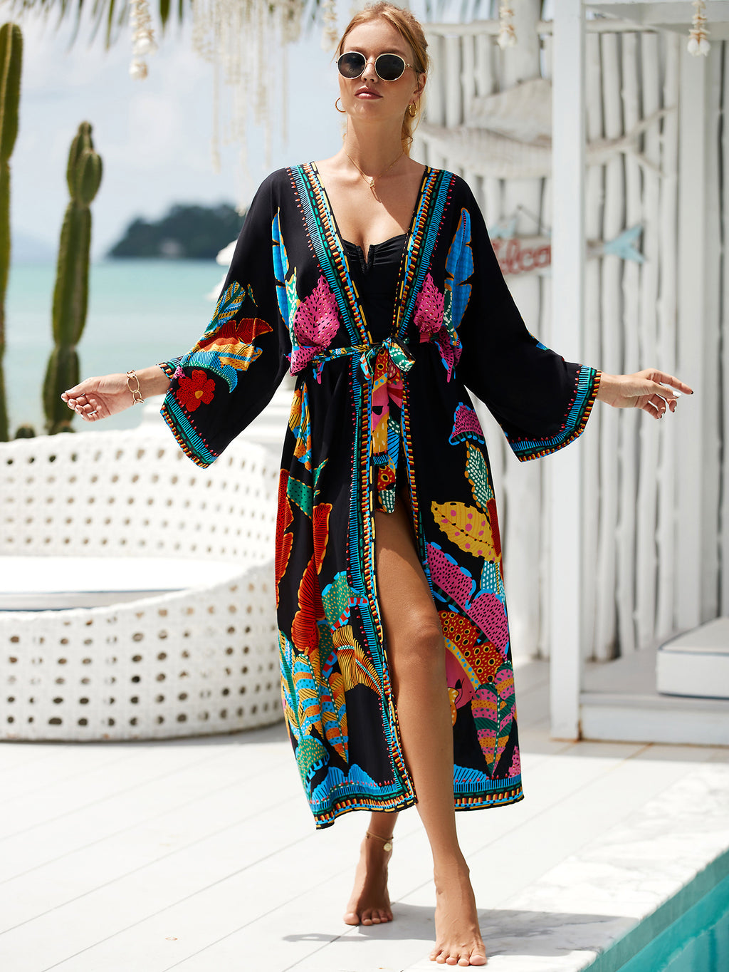 2023 New European and American Cotton Print Beach Jacket Sexy Sun Protection Cardigan Holiday Bikini Overshirt Women