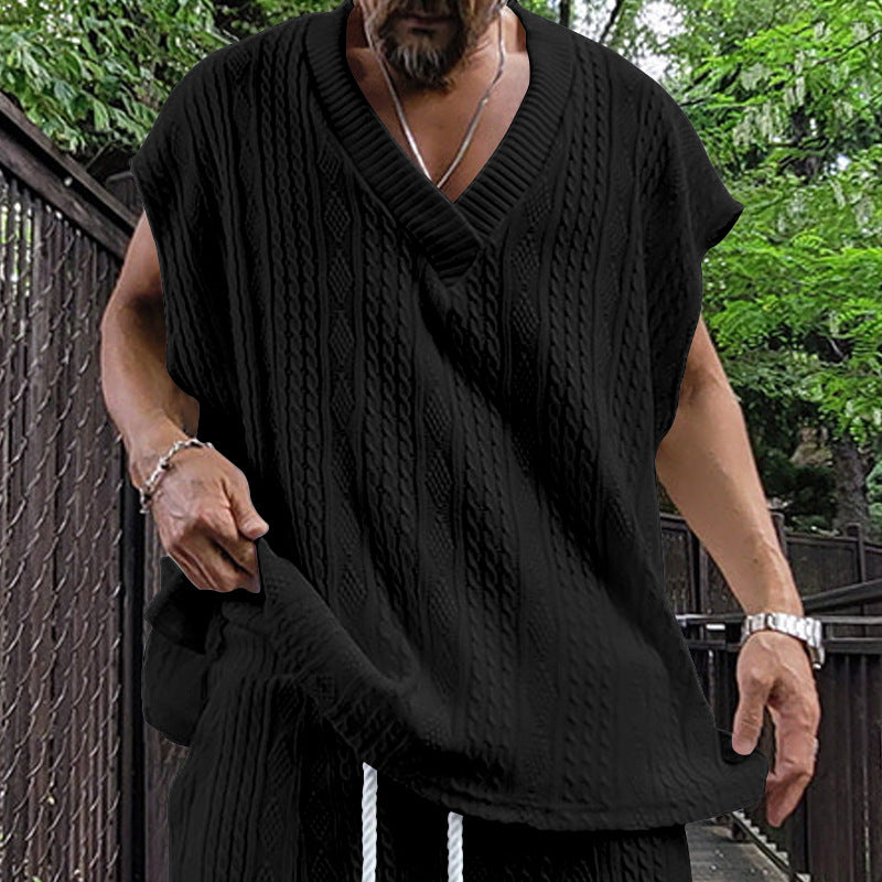 Independent Station Cross-border New plus size European and American Men's Casual V-neck Loose Jacquard Knit Sleeveless Vest Top