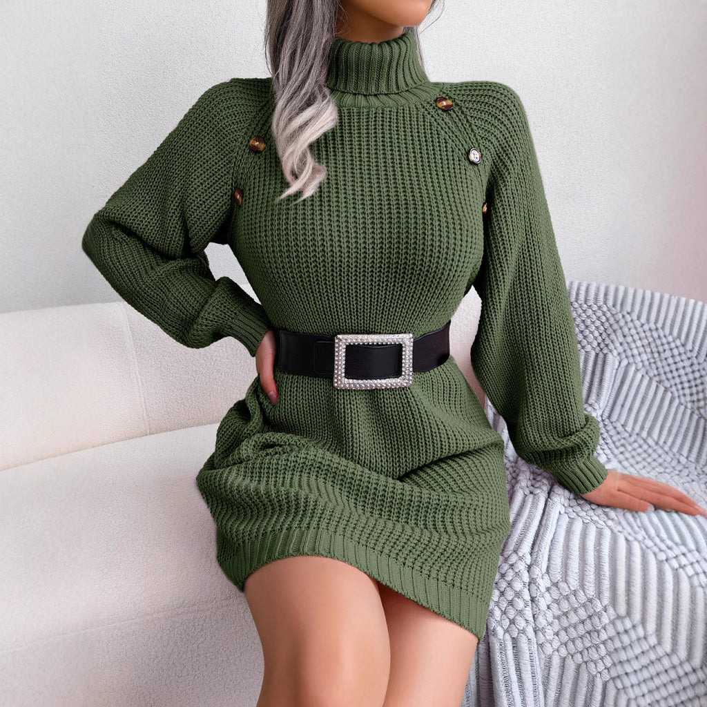 Real Shot of Autumn and Winter European and American Casual Button-Down High-Neck Long-Sleeved Bottoming Sweater Dress Amazon Independent Station Cross-Border Women's Clothing