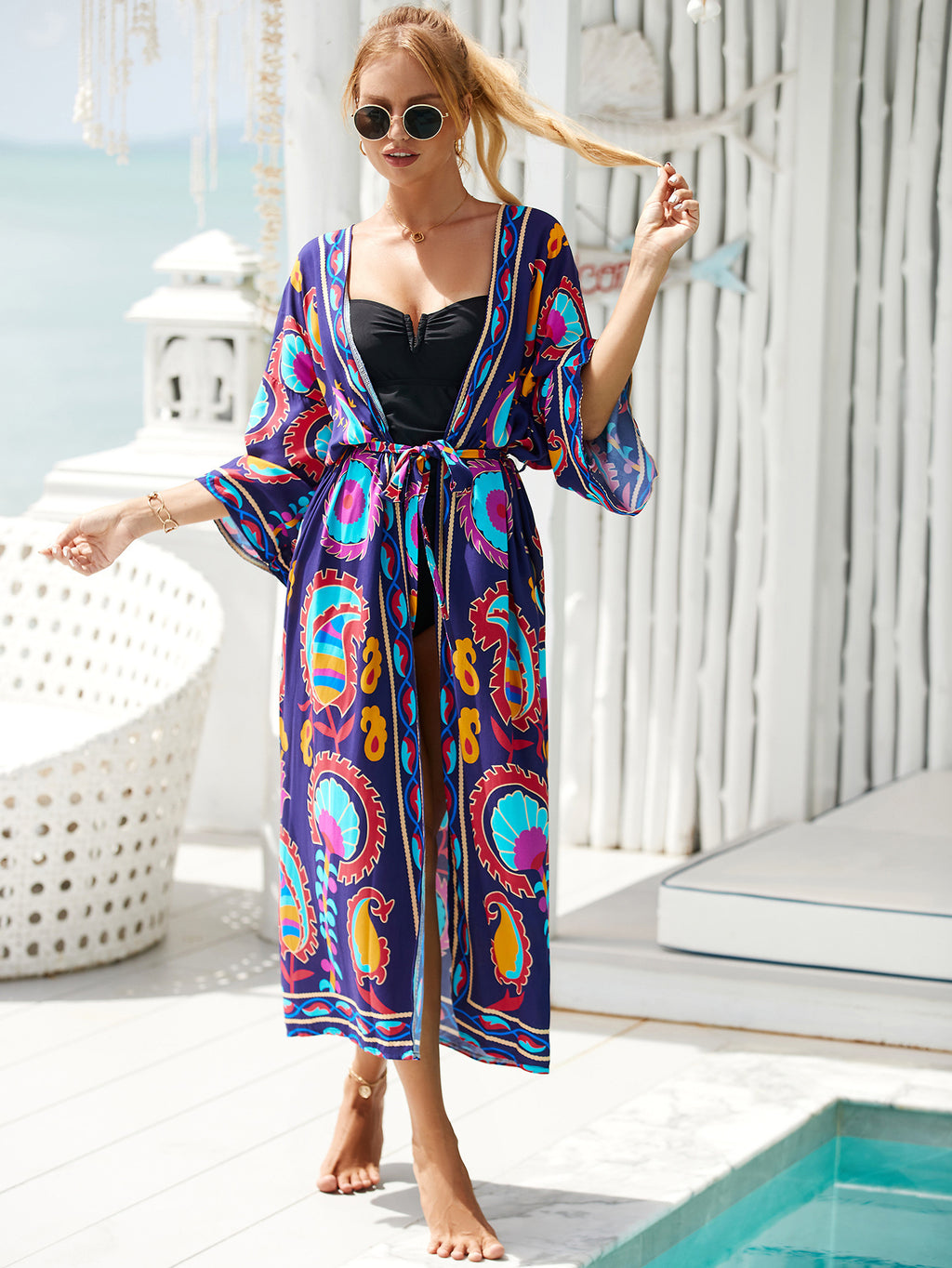 2023 New European and American Cotton Print Beach Jacket Sexy Sun Protection Cardigan Holiday Bikini Overshirt Women