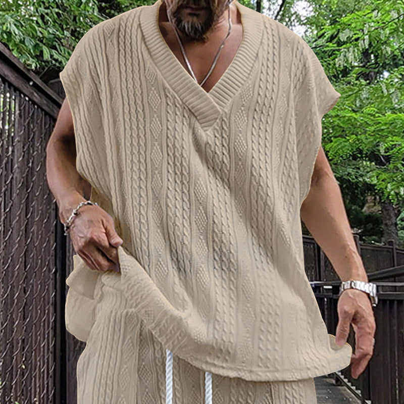 Independent Station Cross-border New plus size European and American Men's Casual V-neck Loose Jacquard Knit Sleeveless Vest Top