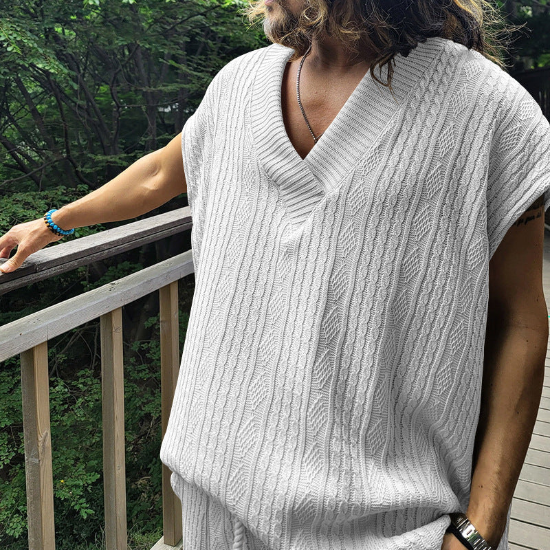 Independent Station Cross-border New plus size European and American Men's Casual V-neck Loose Jacquard Knit Sleeveless Vest Top