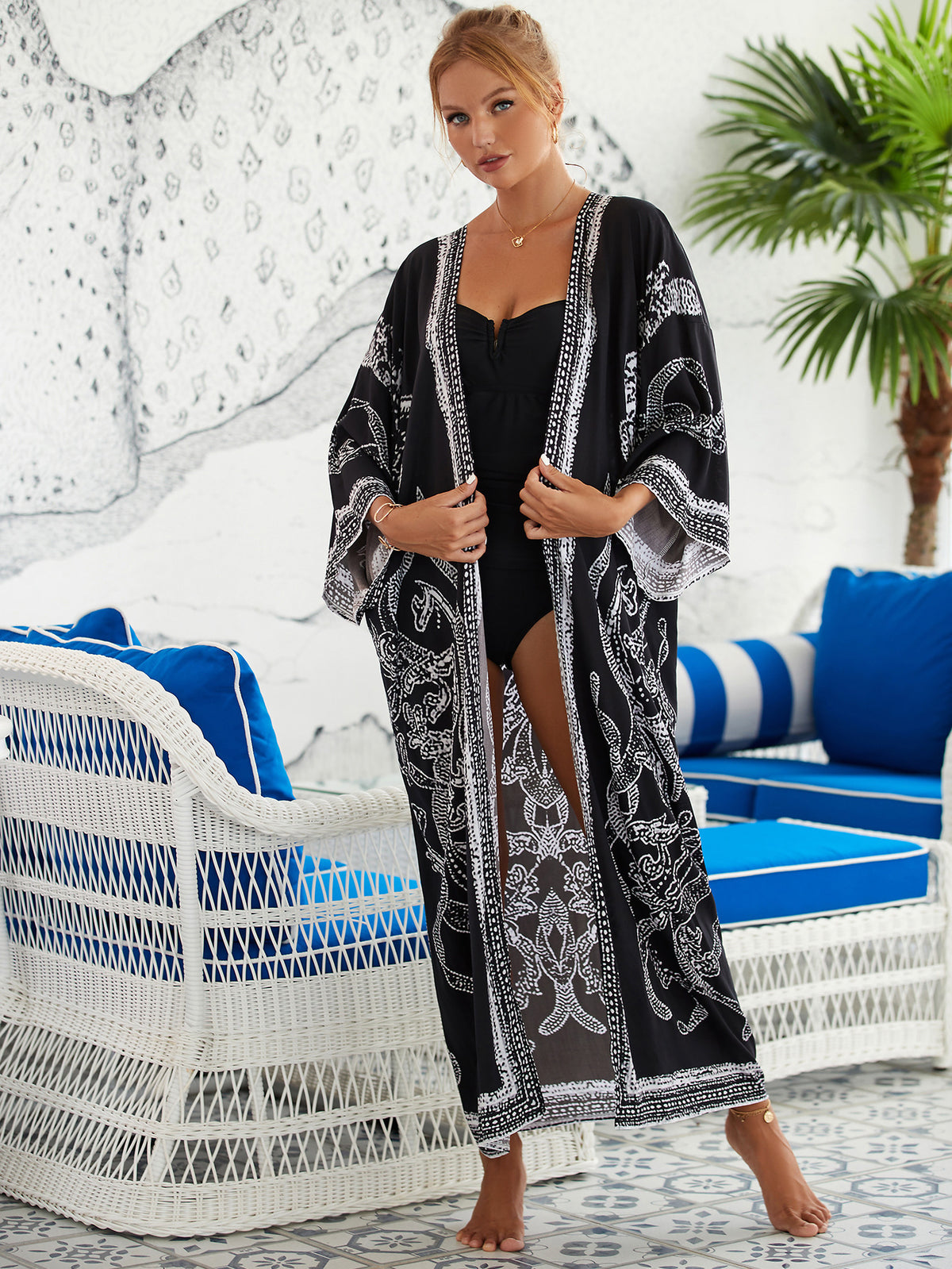2023 New European and American Cotton Print Beach Jacket Sexy Sun Protection Cardigan Holiday Bikini Overshirt Women