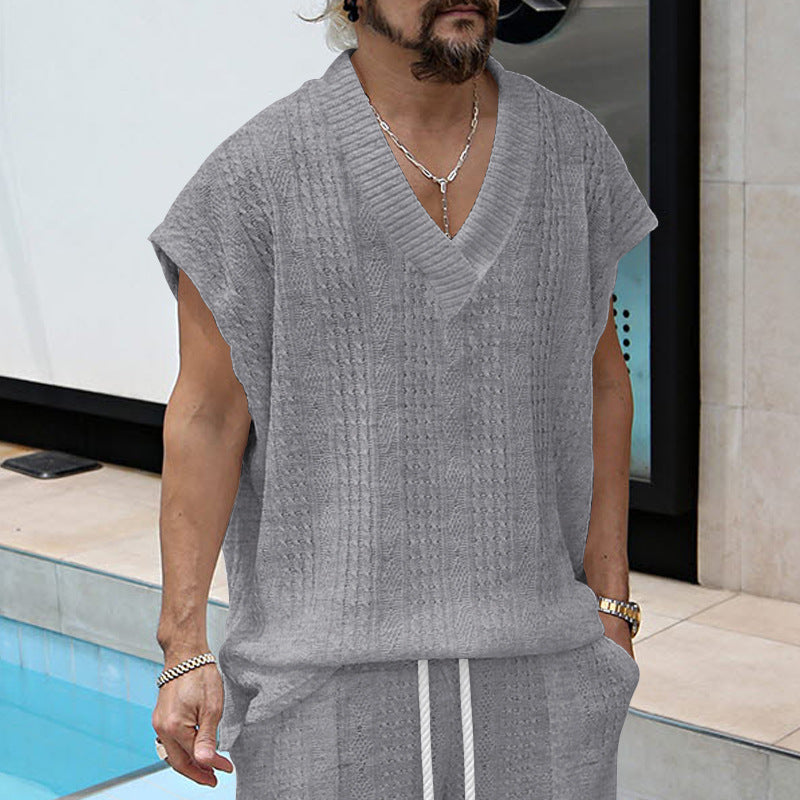 Independent Station Cross-border New plus size European and American Men's Casual V-neck Loose Jacquard Knit Sleeveless Vest Top