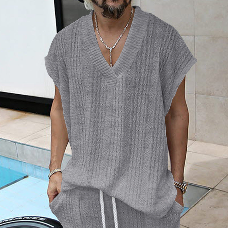 Independent Station Cross-border New plus size European and American Men's Casual V-neck Loose Jacquard Knit Sleeveless Vest Top