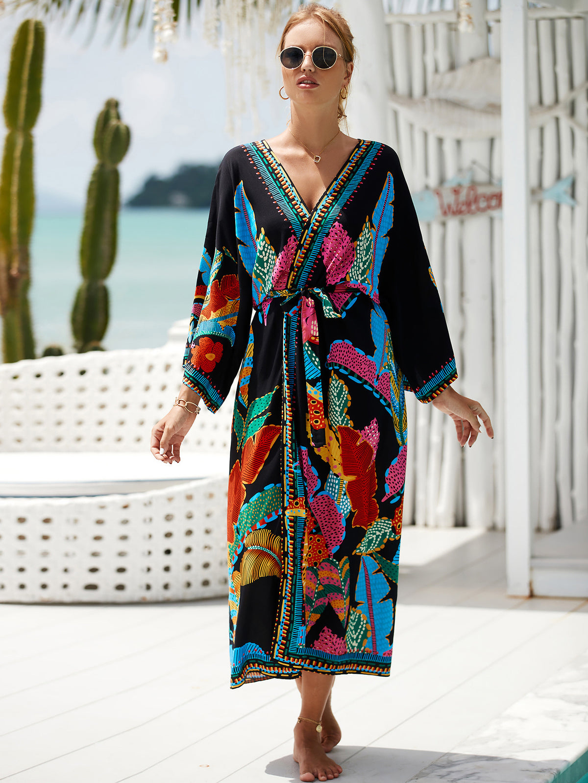 2023 New European and American Cotton Print Beach Jacket Sexy Sun Protection Cardigan Holiday Bikini Overshirt Women