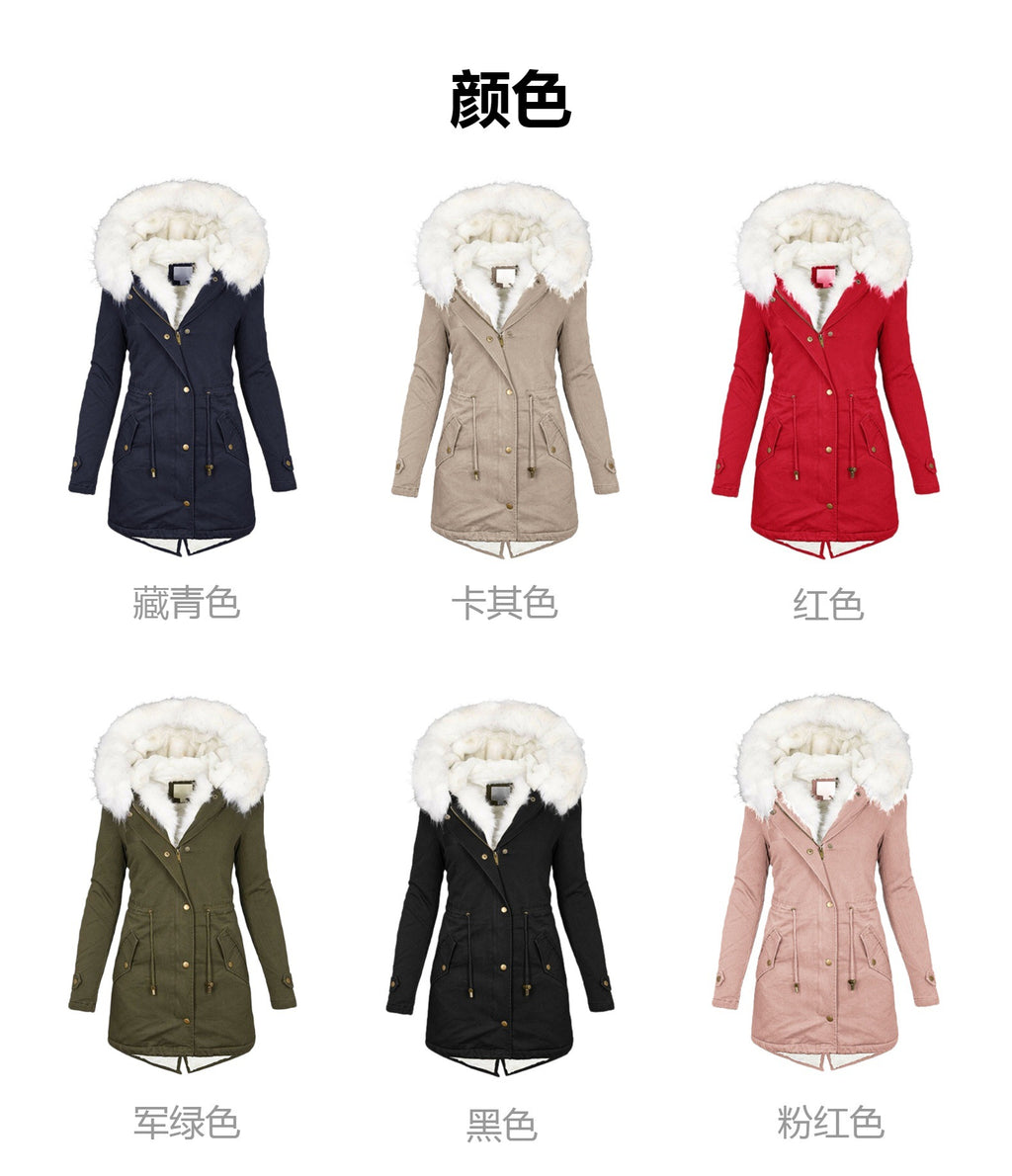 Autumn and Winter Hot Selling Export New Large Size Cotton Outwear Hooded Fur Collar Waist Thickeneded Mid-Length Women's Cotton Outwear