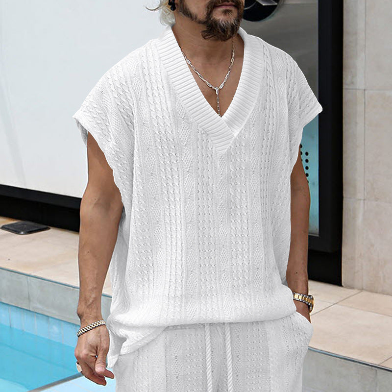 Independent Station Cross-border New plus size European and American Men's Casual V-neck Loose Jacquard Knit Sleeveless Vest Top