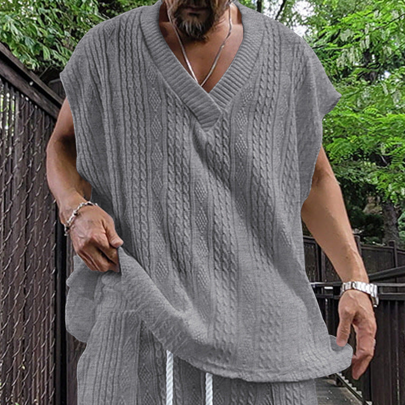 Independent Station Cross-border New plus size European and American Men's Casual V-neck Loose Jacquard Knit Sleeveless Vest Top