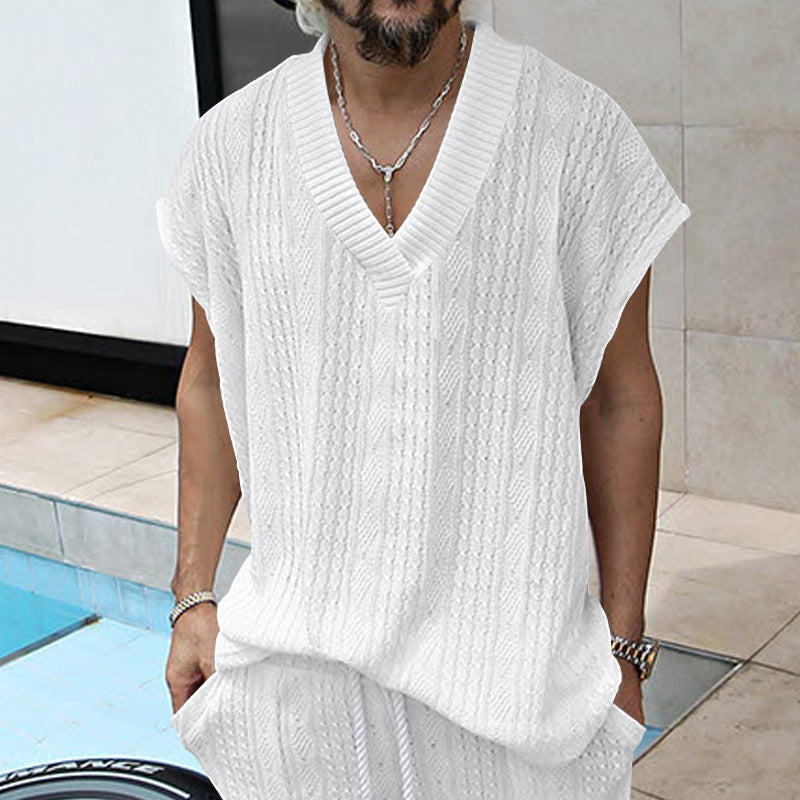 Independent Station Cross-border New plus size European and American Men's Casual V-neck Loose Jacquard Knit Sleeveless Vest Top