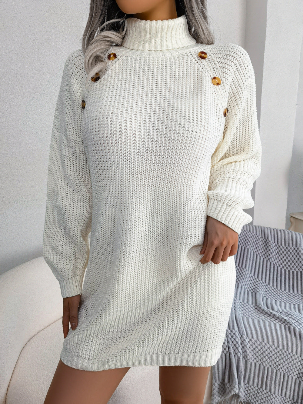 Real Shot of Autumn and Winter European and American Casual Button-Down High-Neck Long-Sleeved Bottoming Sweater Dress Amazon Independent Station Cross-Border Women's Clothing
