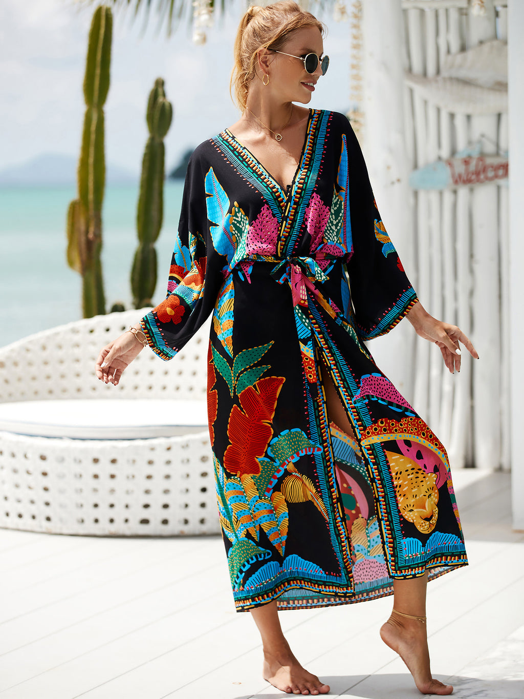 2023 New European and American Cotton Print Beach Jacket Sexy Sun Protection Cardigan Holiday Bikini Overshirt Women