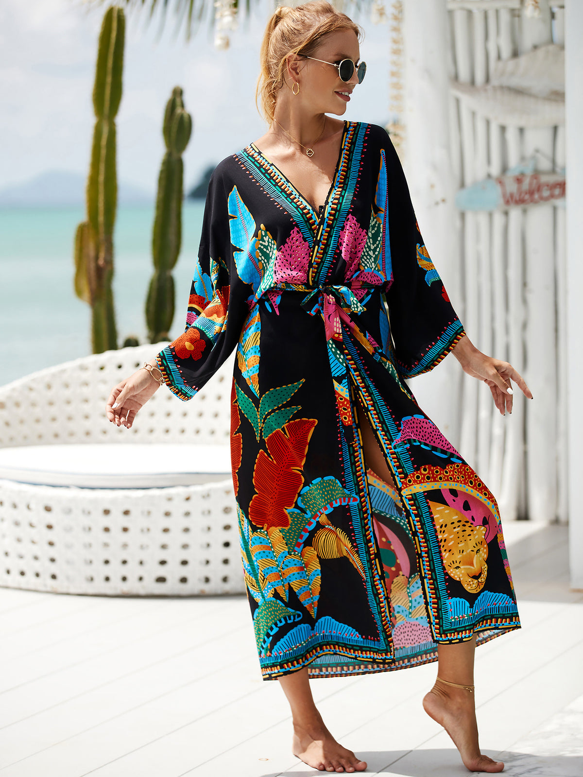 2023 New European and American Cotton Print Beach Jacket Sexy Sun Protection Cardigan Holiday Bikini Overshirt Women