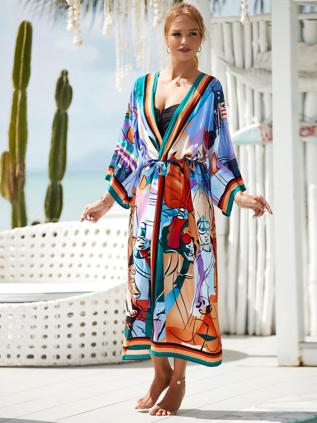 2023 New European and American Cotton Print Beach Jacket Sexy Sun Protection Cardigan Holiday Bikini Overshirt Women