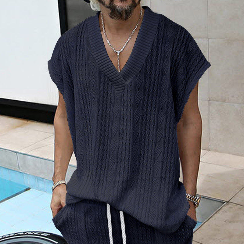 Independent Station Cross-border New plus size European and American Men's Casual V-neck Loose Jacquard Knit Sleeveless Vest Top