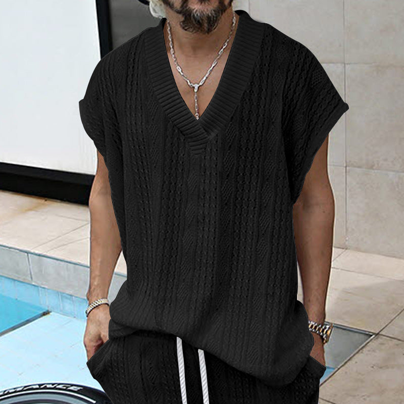 Independent Station Cross-border New plus size European and American Men's Casual V-neck Loose Jacquard Knit Sleeveless Vest Top